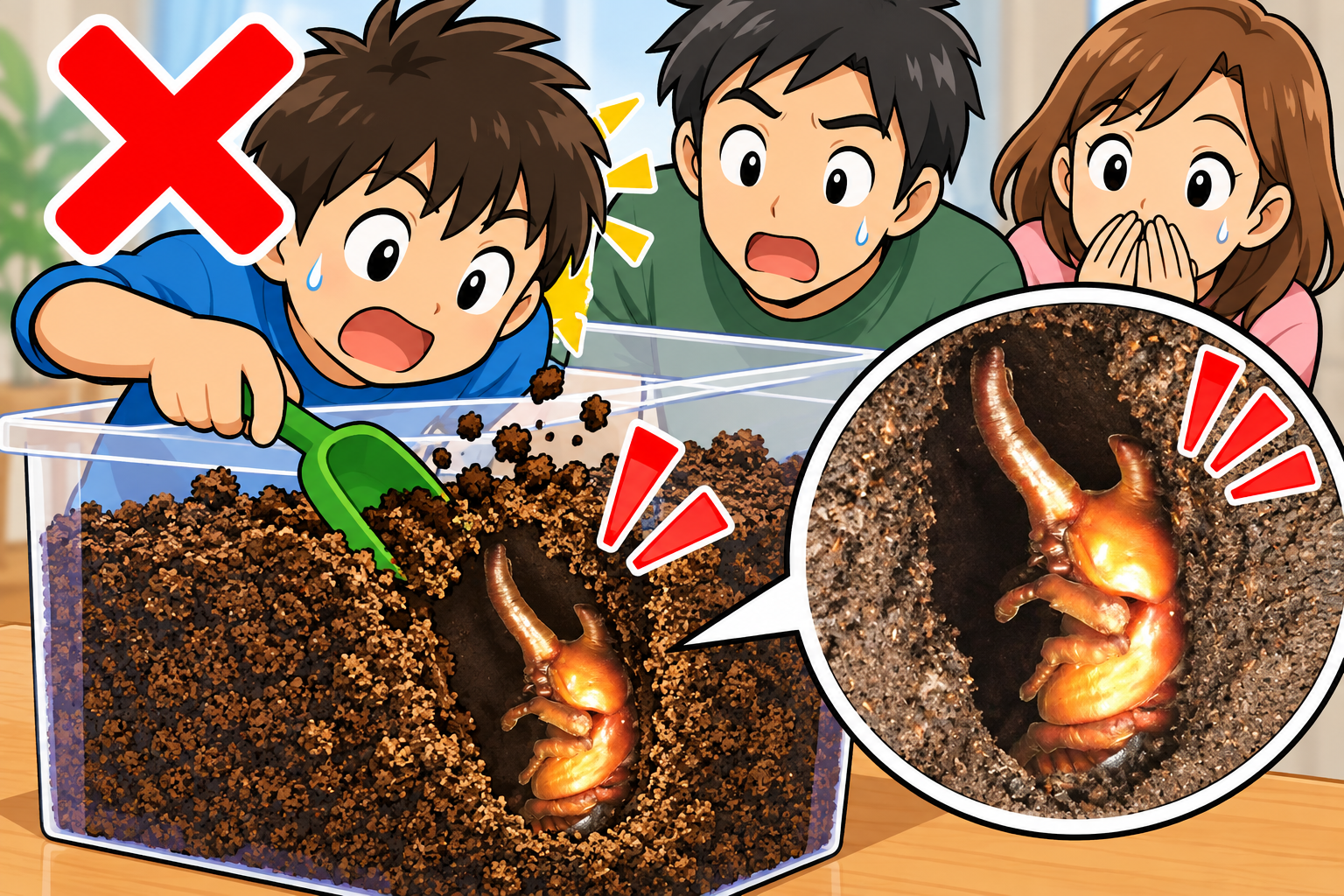 カブトムシの幼虫を飼育している飼育ケースを掘り返して蛹室を壊してしまう少年
