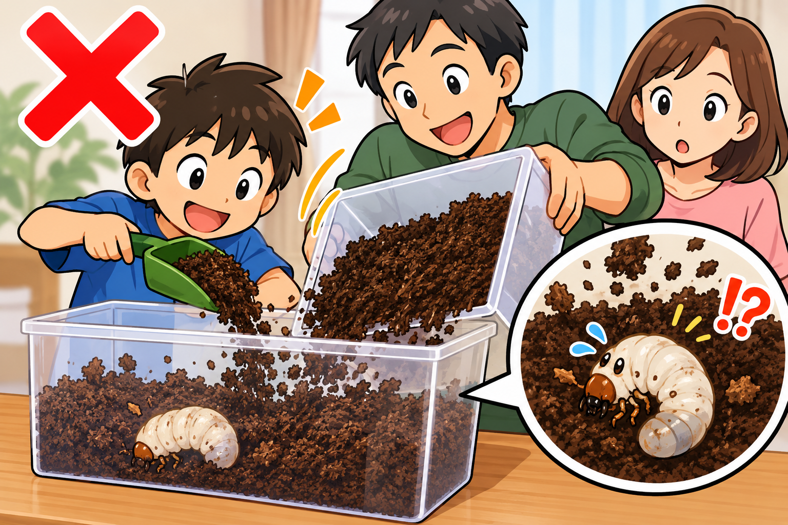 カブトムシの幼虫のマット交換をしている親子のイラスト