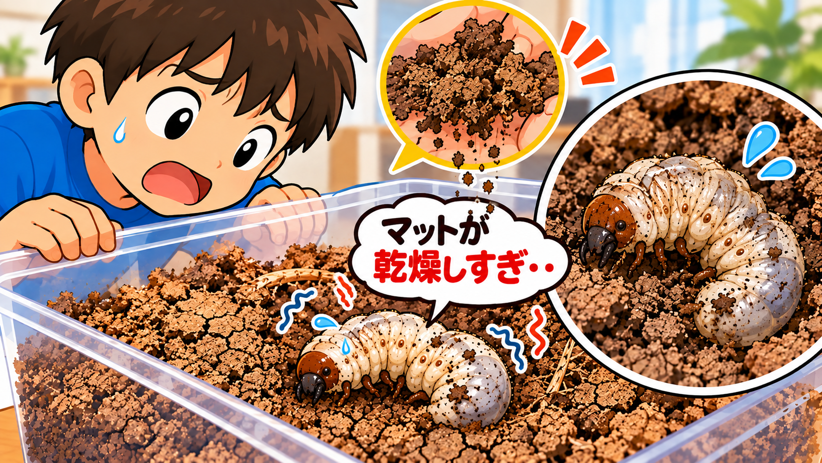 乾燥したマットで飼育され弱ってしまったカブトムシの幼虫と、それを心配そうに見つめる少年