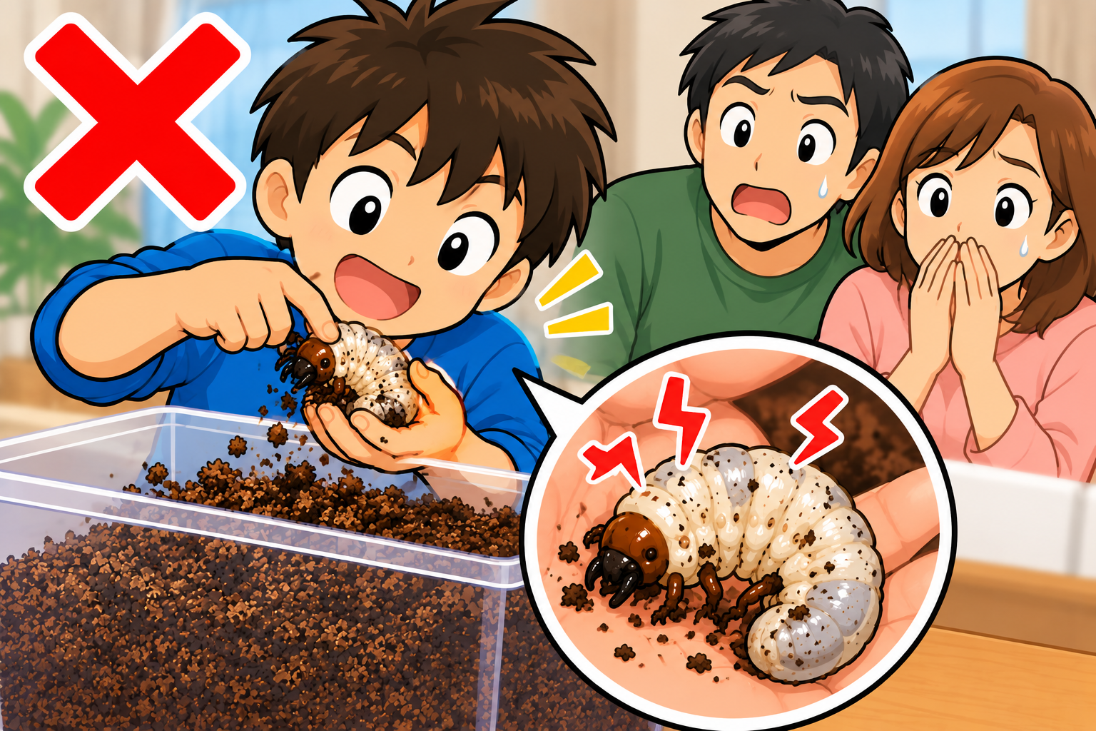 カブトムシの幼虫を触りすぎてしまう少年と、それを心配そうに見る両親