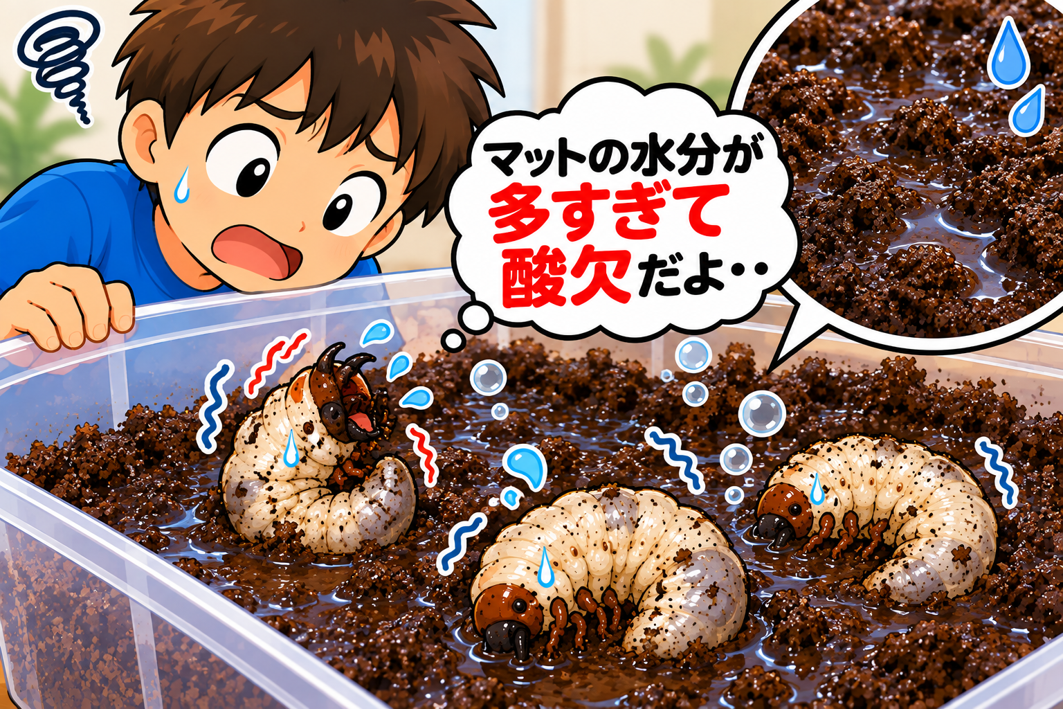 水分過多のマットで飼育され酸欠に苦しむカブトムシの幼虫とそれを心配そうに見つめる少年
