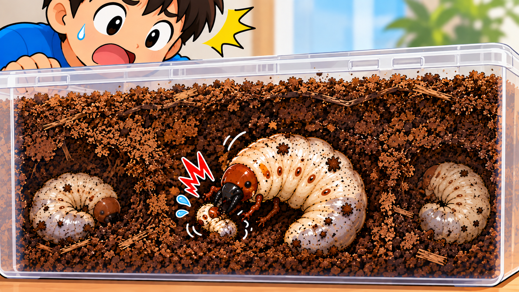 大きさの違いすぎる幼虫を同じ飼育ケースで飼育して小さな幼虫が大きな幼虫に食べられそうになっている